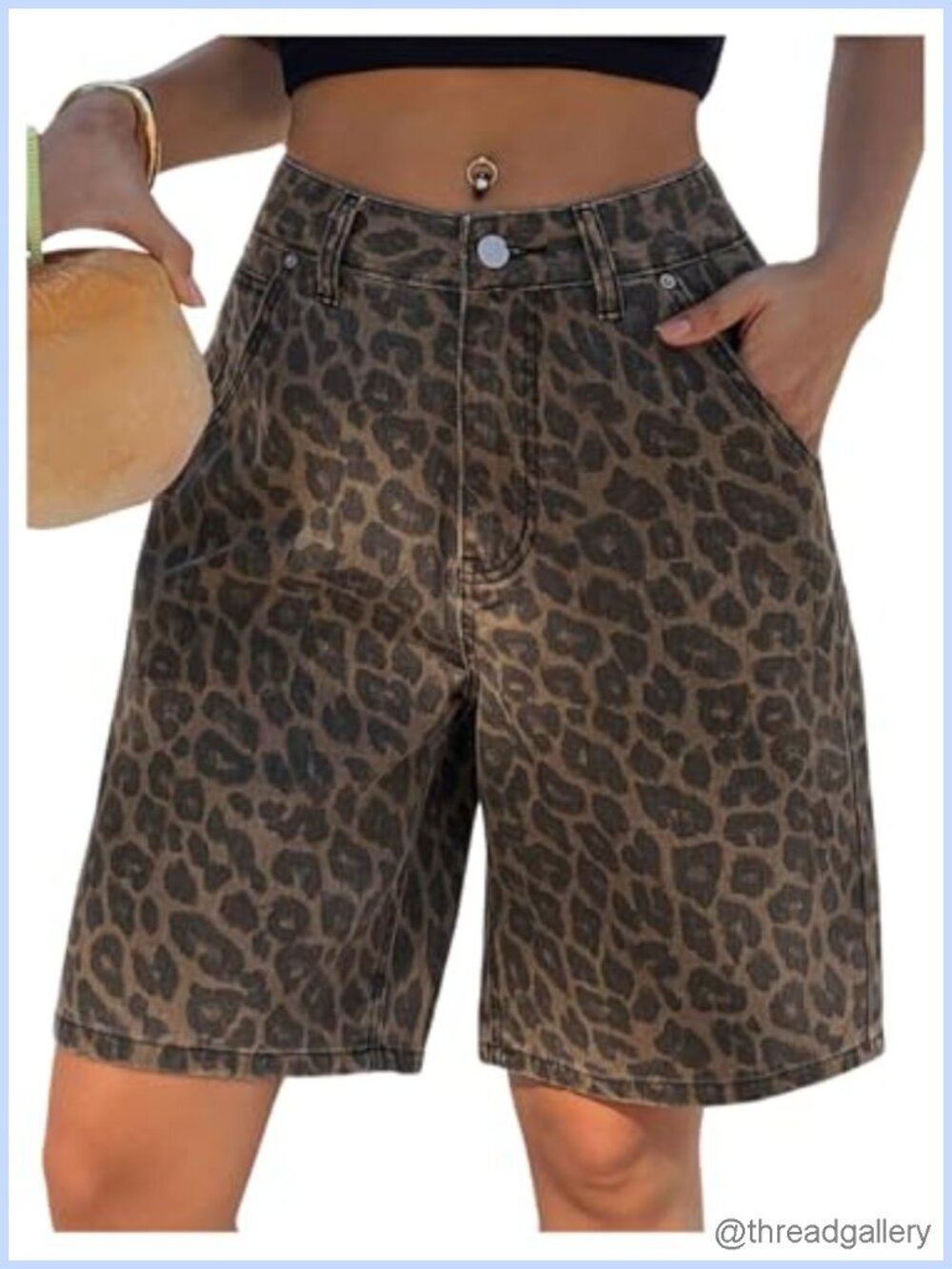 Women's Leopard Mid Rise Straight Wide Leg Denim Bermuda Jean Shorts